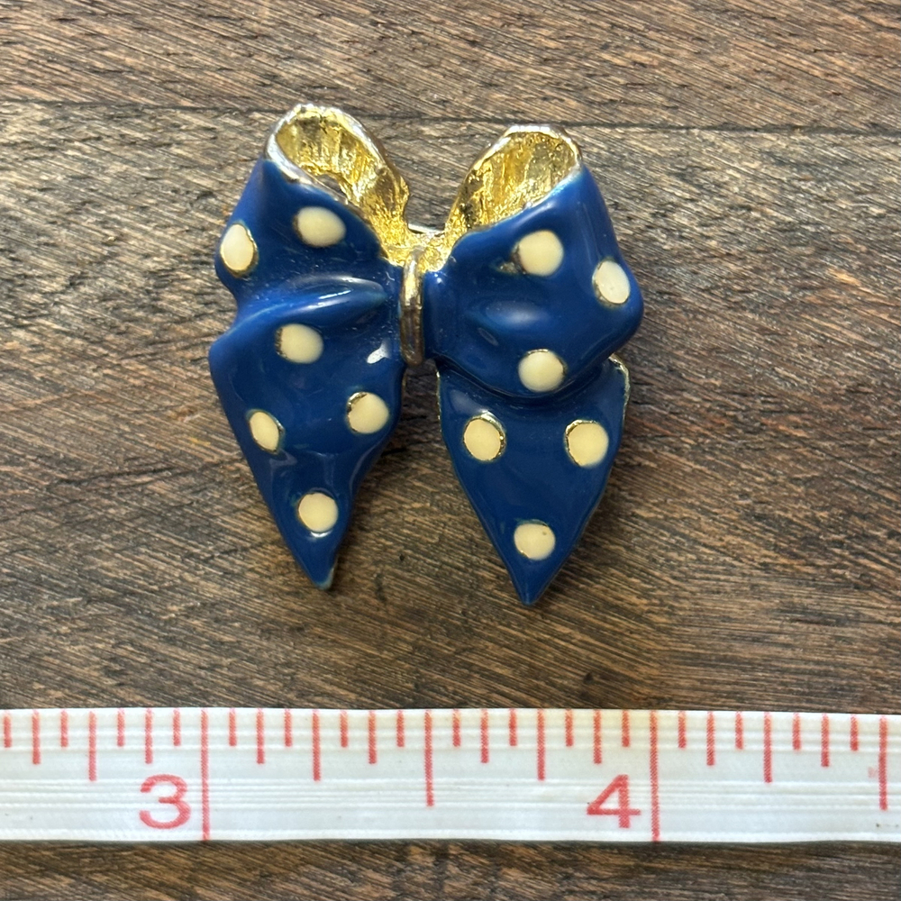 Blue Polka Dot Faux Enamel Bow Brooch Gold Tone